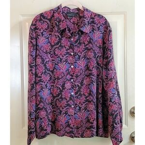 Vtg Carole Little Floral Paisley Black Women 14 Button Up‎ Long Sleeve Shirt USA